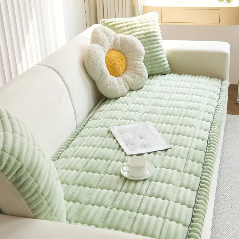 Plush Sofa Cover — Elegant Pleated Edges, Elastic Secured Fit