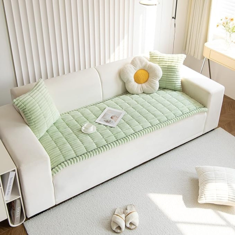 Plush Sofa Cover — Elegant Pleated Edges, Elastic Secured Fit