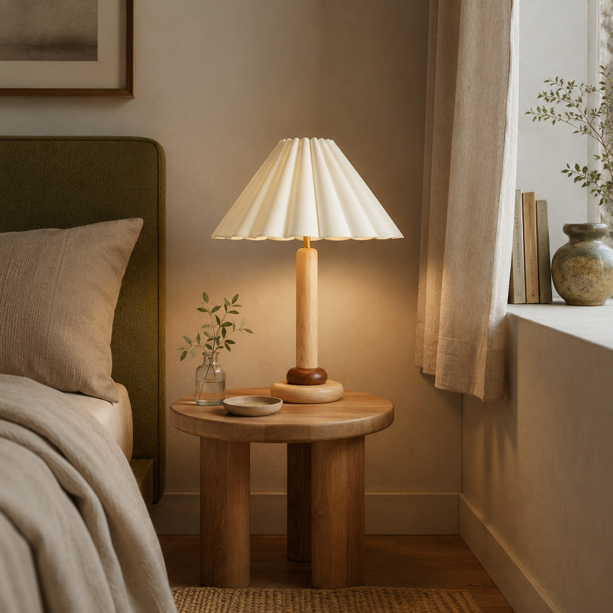 Lámpara de mesa retro con base cilíndrica de madera y pantalla de tela plisada para dormitorio o escritorio | ribuella