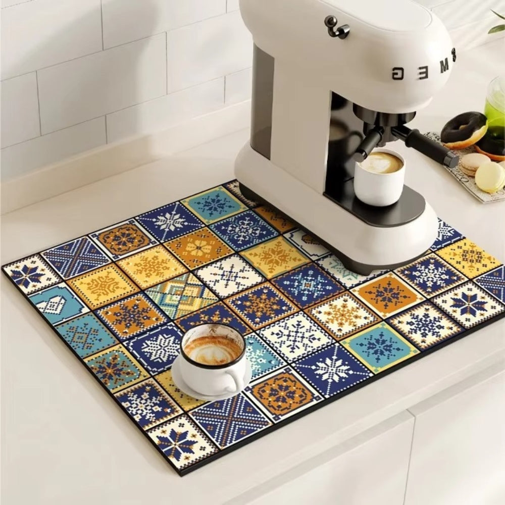 Super Absorbent Retro Tile Coffee Bar Mat Quick Drying Spill Catcher