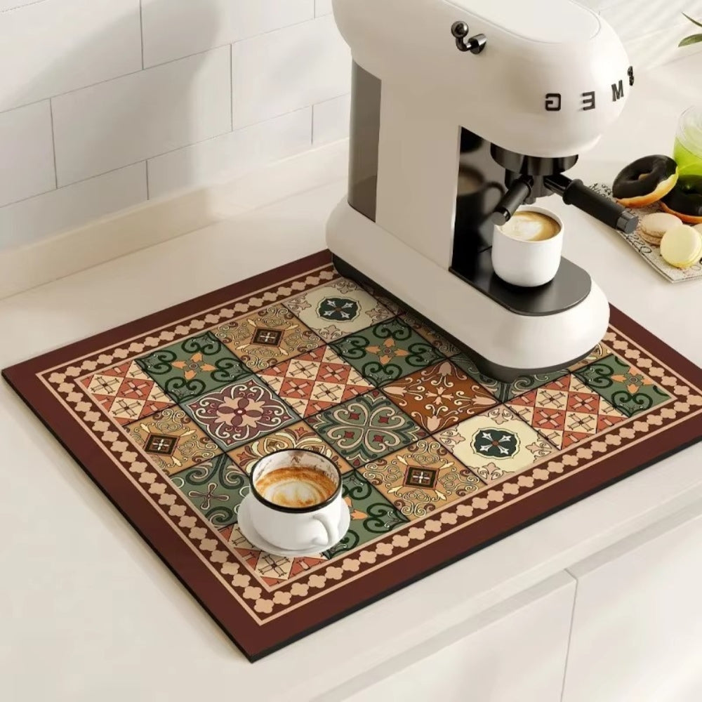 Super Absorbent Retro Tile Coffee Bar Mat Quick Drying Spill Catcher