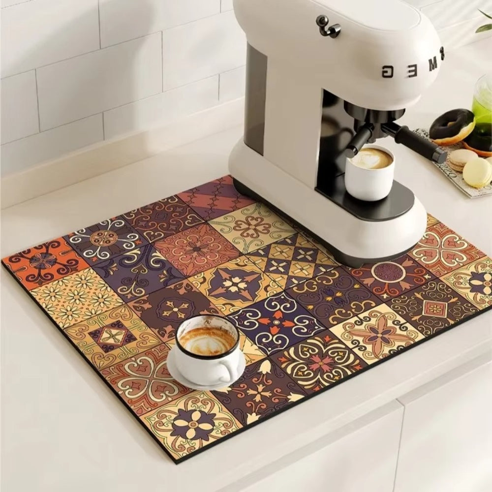 Super Absorbent Retro Tile Coffee Bar Mat Quick Drying Spill Catcher