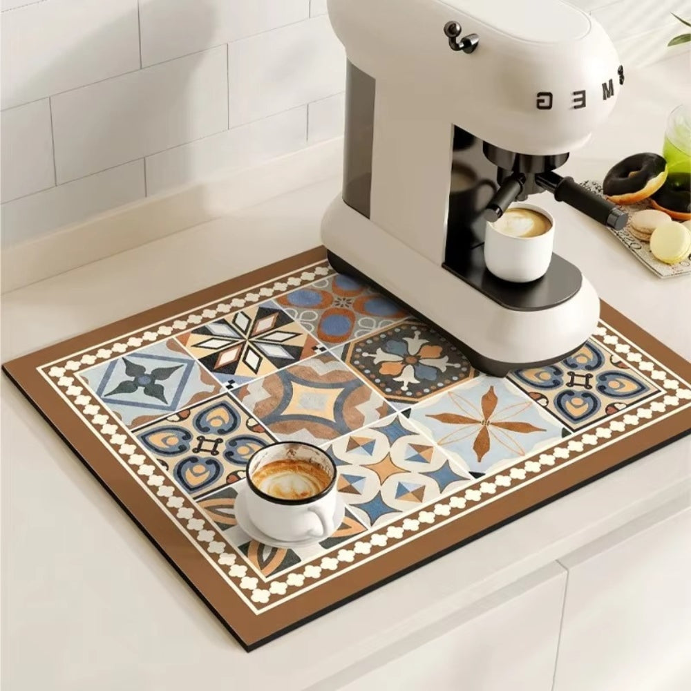Super Absorbent Retro Tile Coffee Bar Mat Quick Drying Spill Catcher