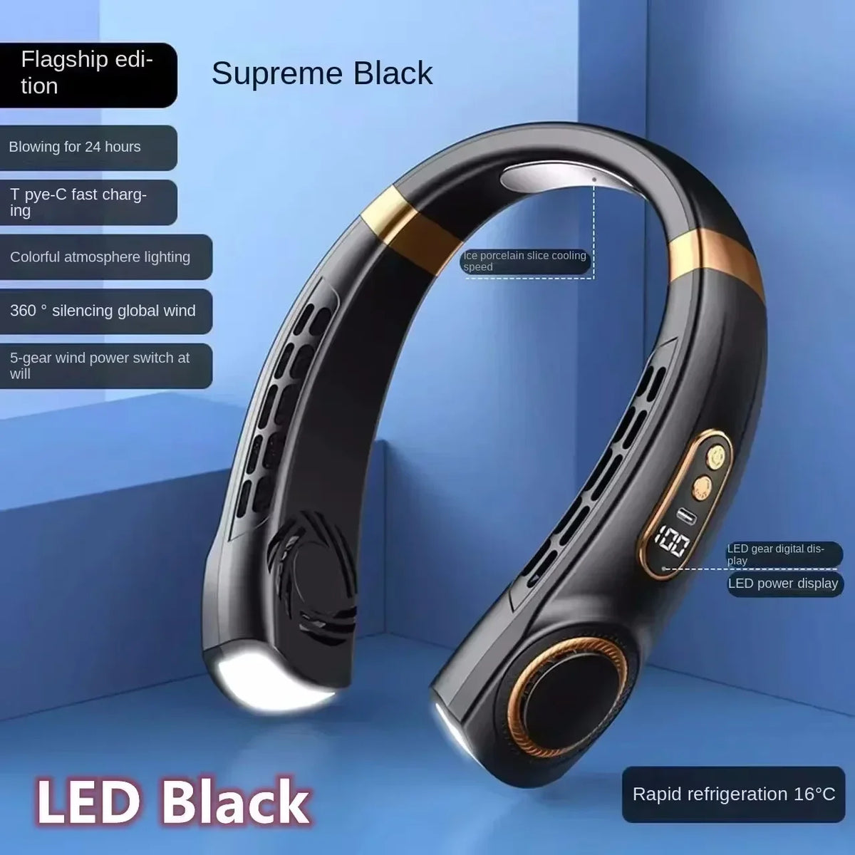 Rechargeable USB Neck Fan 8000mAh LED Display Hands-Free Design