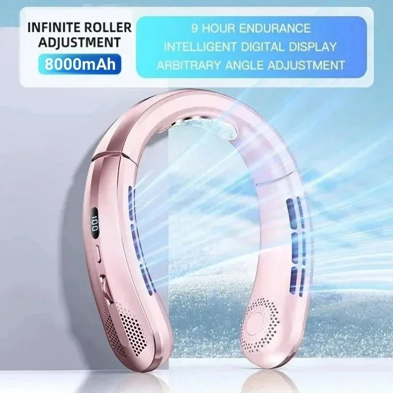 Rechargeable USB Neck Fan 8000mAh LED Display Hands-Free Design