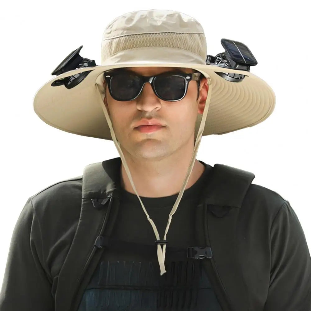 Chapeau solaire à larges bords avec deux ventilateurs de refroidissement, ventilation de l'air au niveau du front et du cou