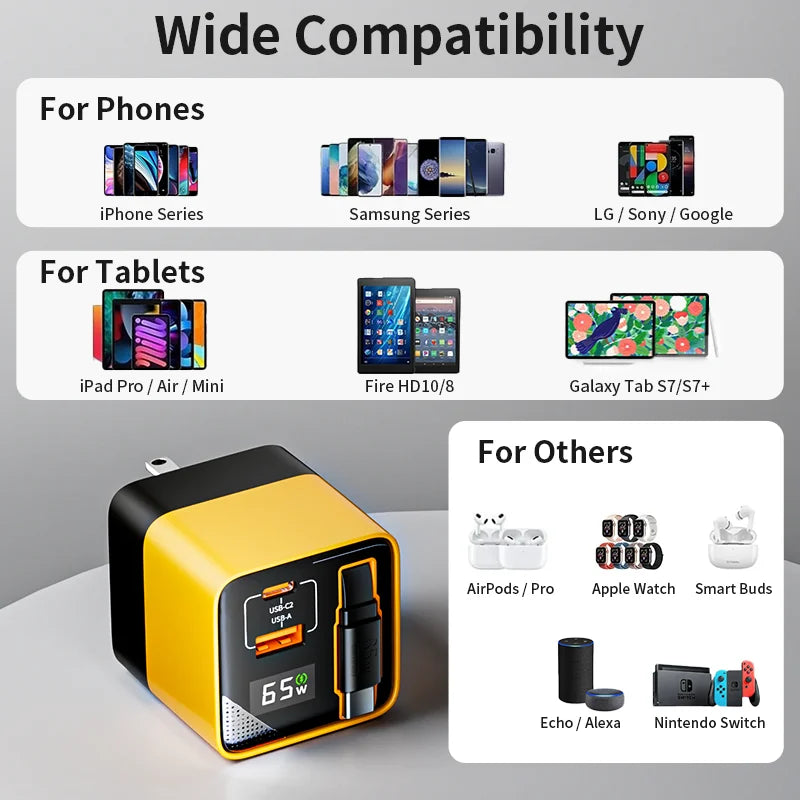 Adaptador de alimentação USB-C compacto, cabo de carregamento Type-C integrado e carregamento rápido