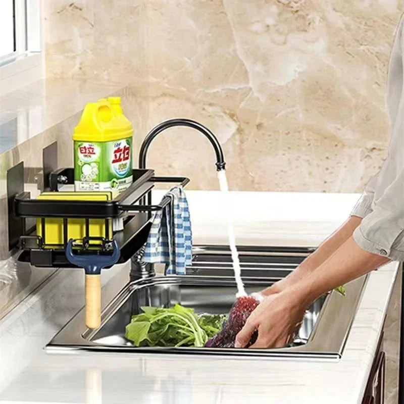 Organiseur d'évier en aluminium avec évacuation automatique - sans perçage requis | ribuella