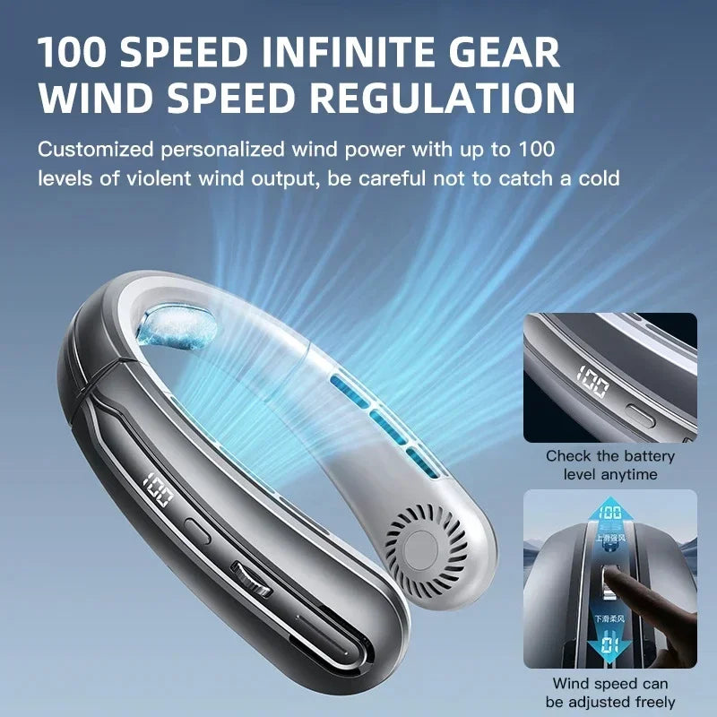 Rechargeable USB Neck Fan 8000mAh LED Display Hands-Free Design