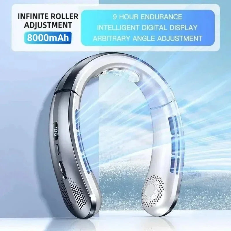 Rechargeable USB Neck Fan 8000mAh LED Display Hands-Free Design