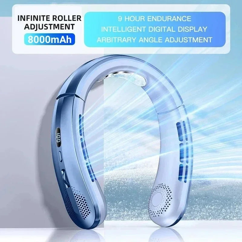 Rechargeable USB Neck Fan 8000mAh LED Display Hands-Free Design