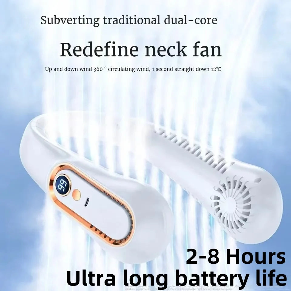 Rechargeable USB Neck Fan 8000mAh LED Display Hands-Free Design