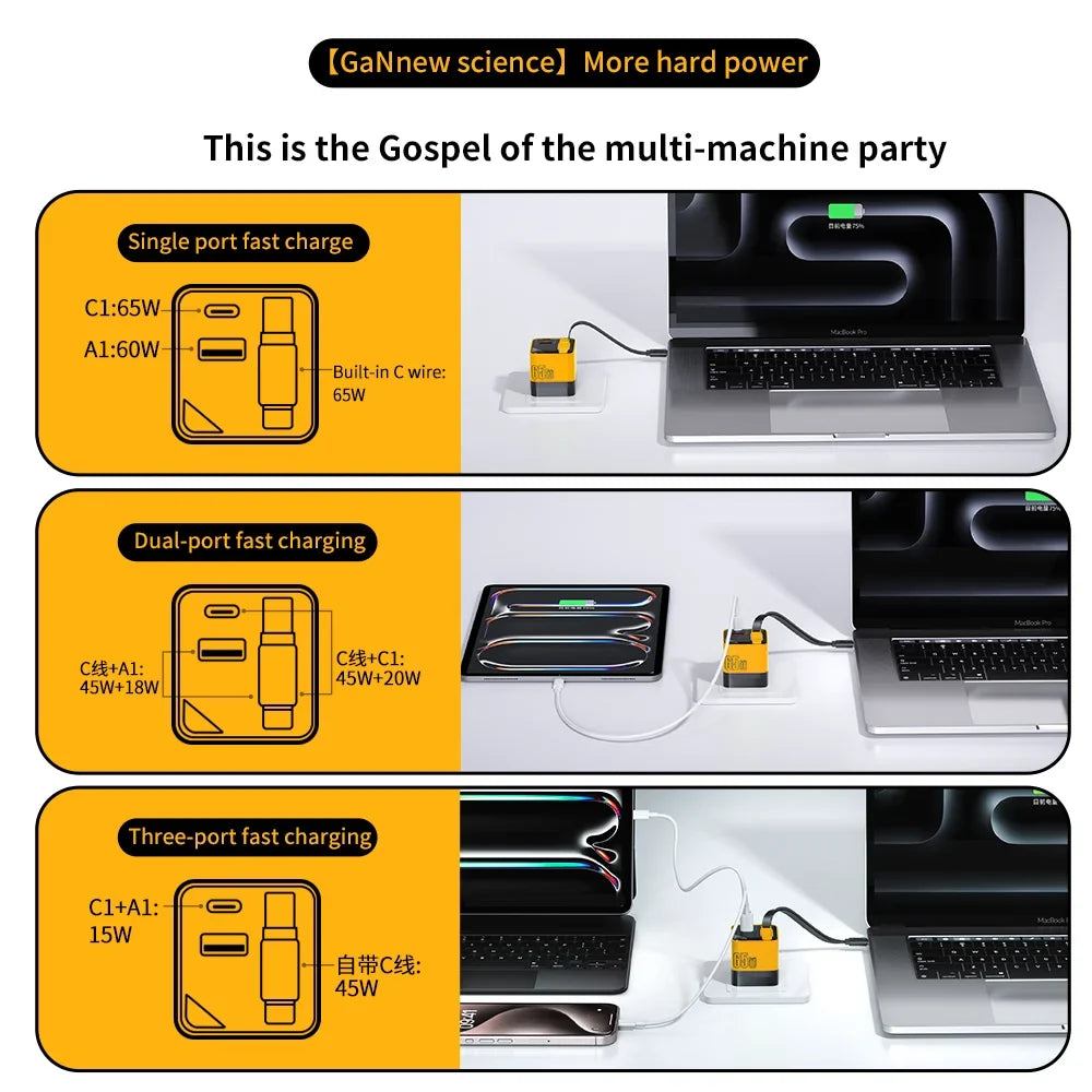 Adaptador de alimentação USB-C compacto, cabo de carregamento Type-C integrado e carregamento rápido