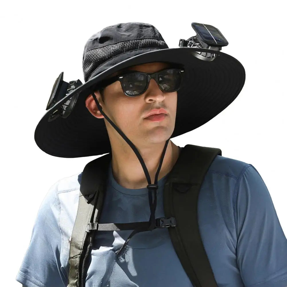 Chapeau solaire à larges bords avec deux ventilateurs de refroidissement, ventilation de l'air au niveau du front et du cou
