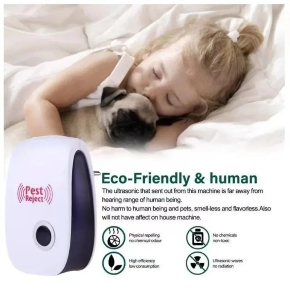 Dispozitiv compact repelent pentru dăunători, cu conectare la priză, cu ultrasunete – vizează insectele și rozătoarele