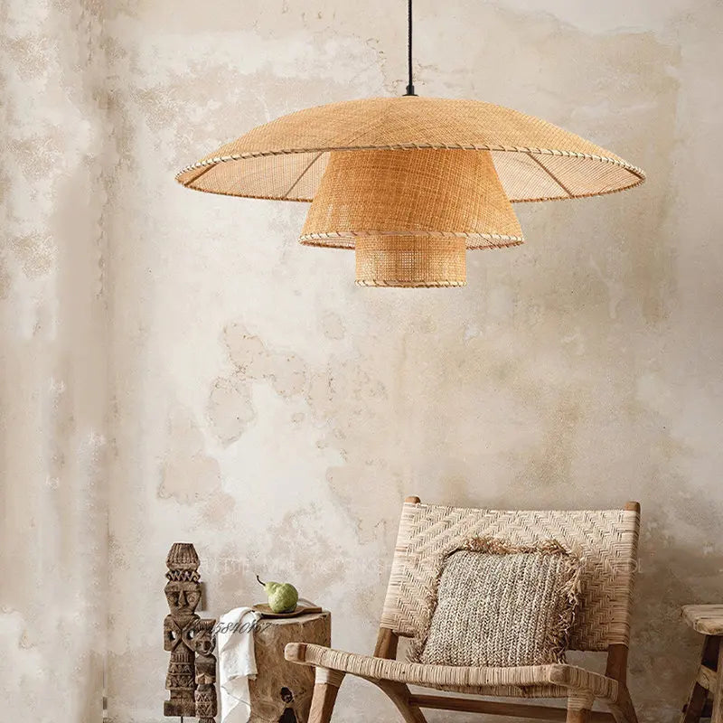 Suspension en rotin Kalena avec abat-jour marron, design vintage