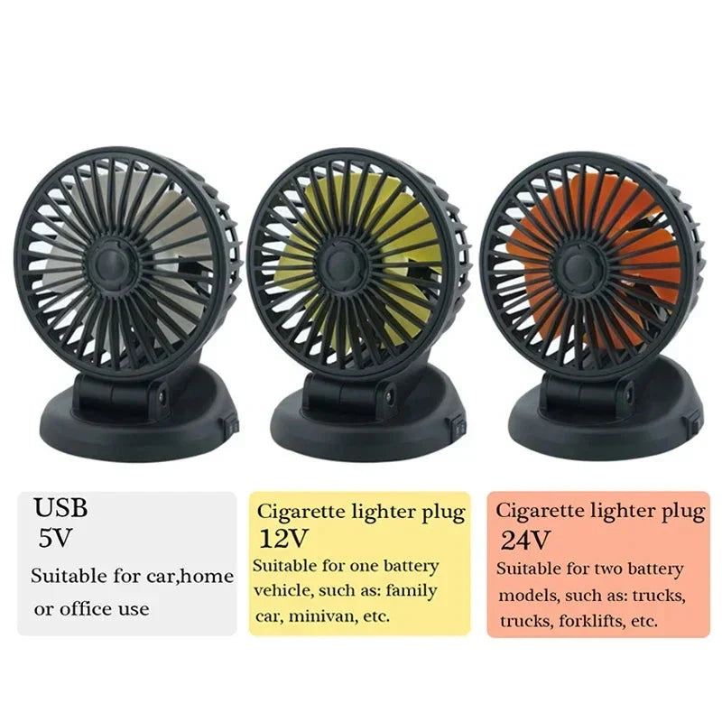 Ventilador automático rotativo – 12 V/24 V/5 V com USB ou isqueiro | ribuella