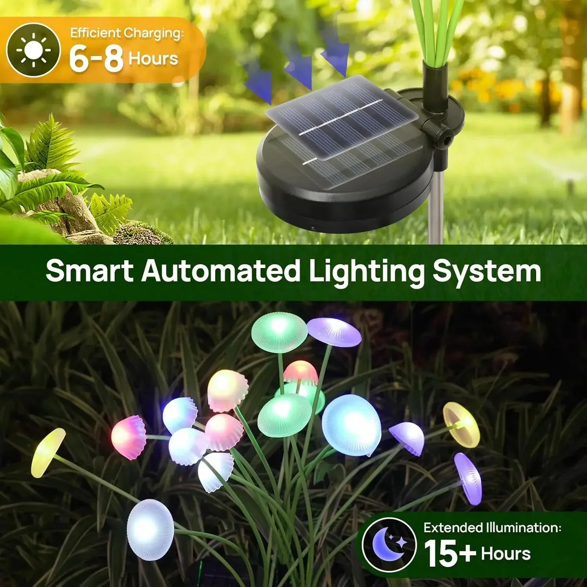Juego de 2 luces solares de champiñón: 6 cabezales ajustables, RGB o blanco cálido | ribuella