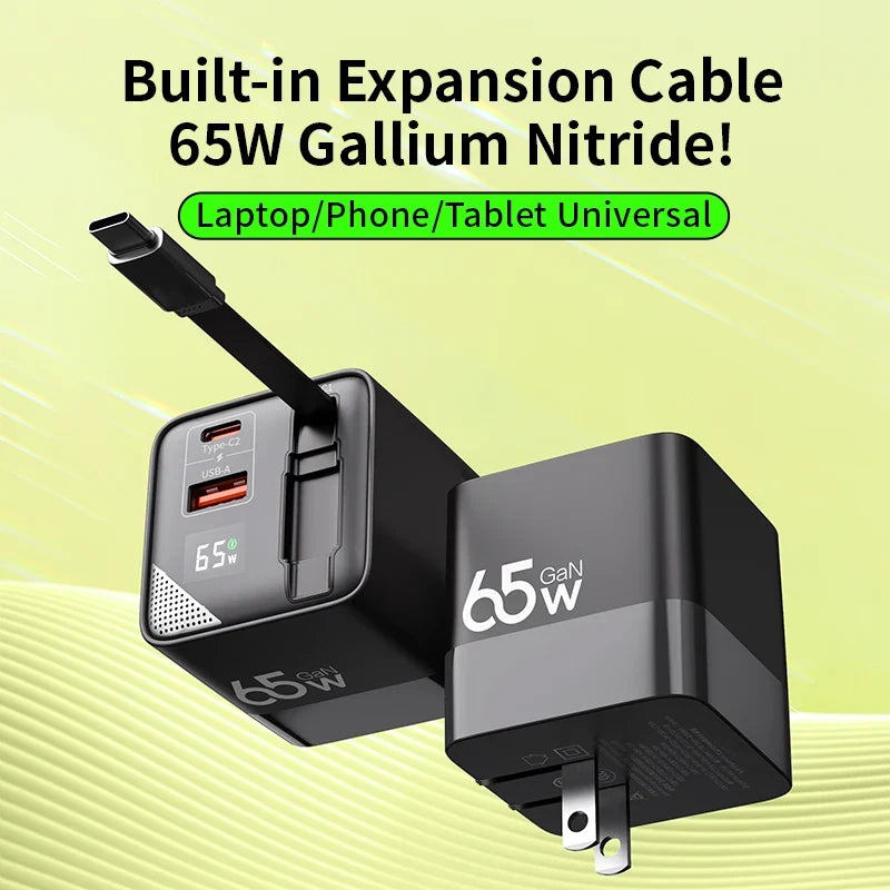 Adaptador de alimentação USB-C compacto, cabo de carregamento Type-C integrado e carregamento rápido