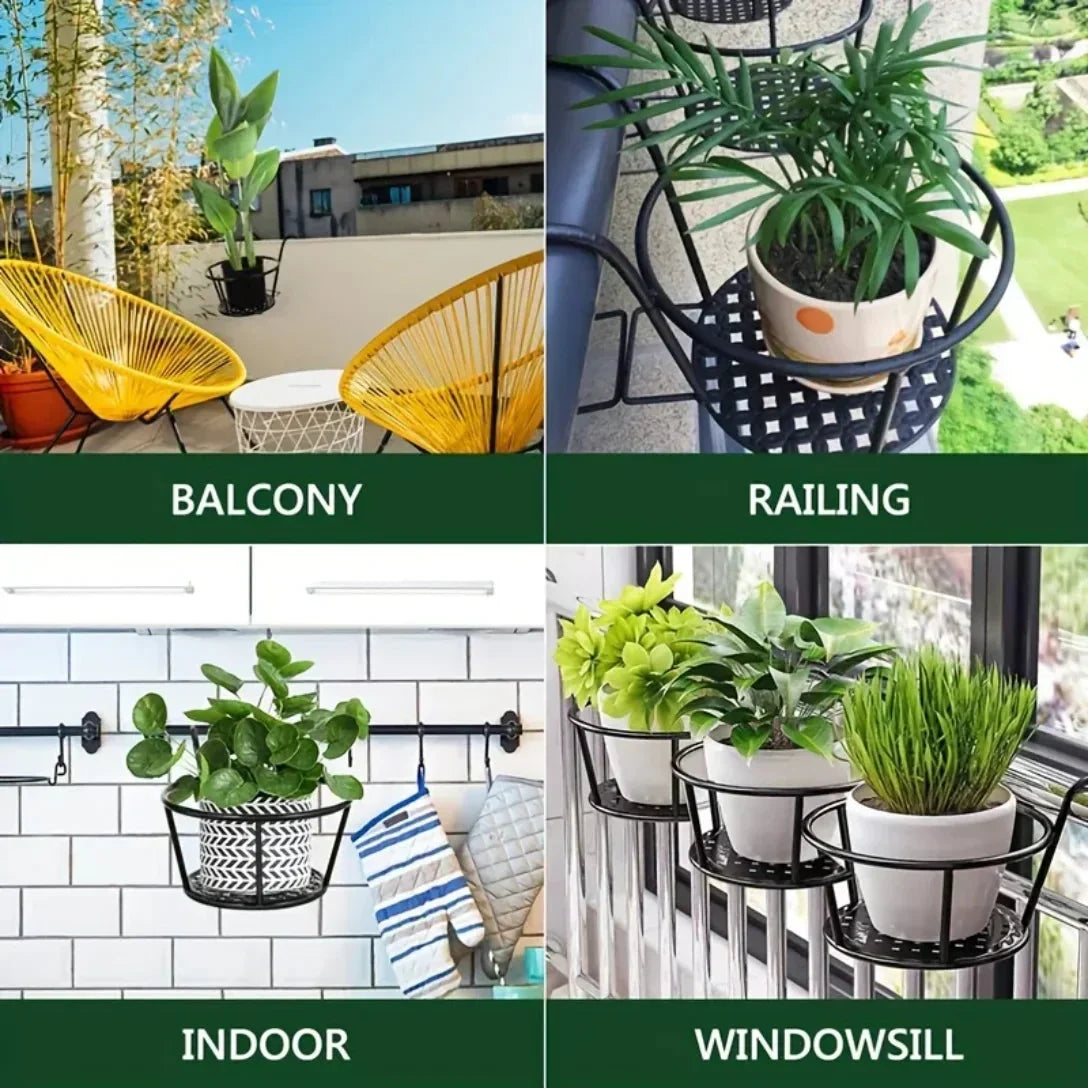 Sada 3 černých kovových držáků květináčů s háčky na balkon | ribuella