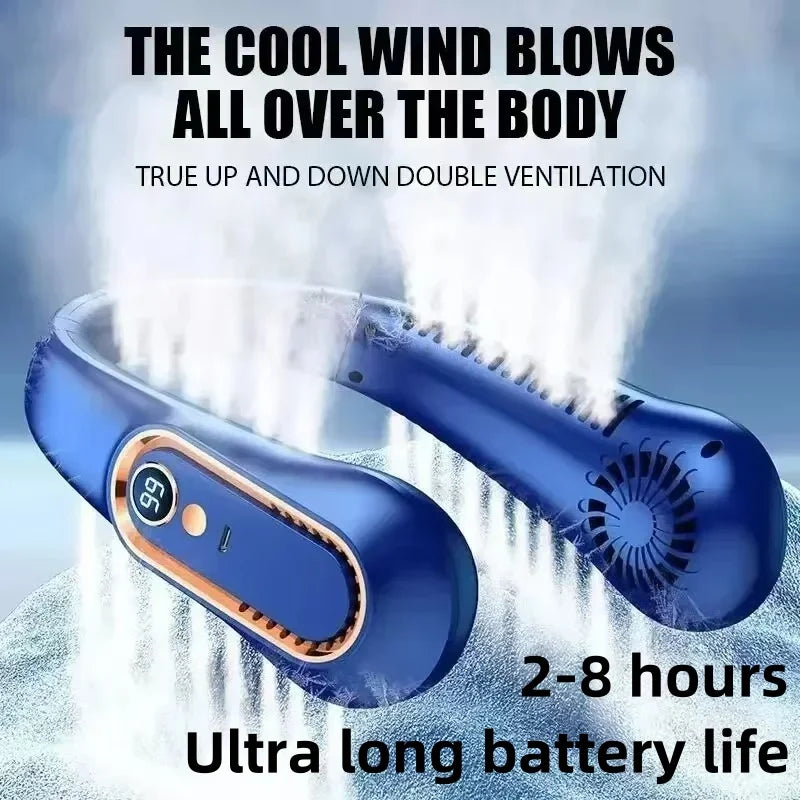 Rechargeable USB Neck Fan 8000mAh LED Display Hands-Free Design