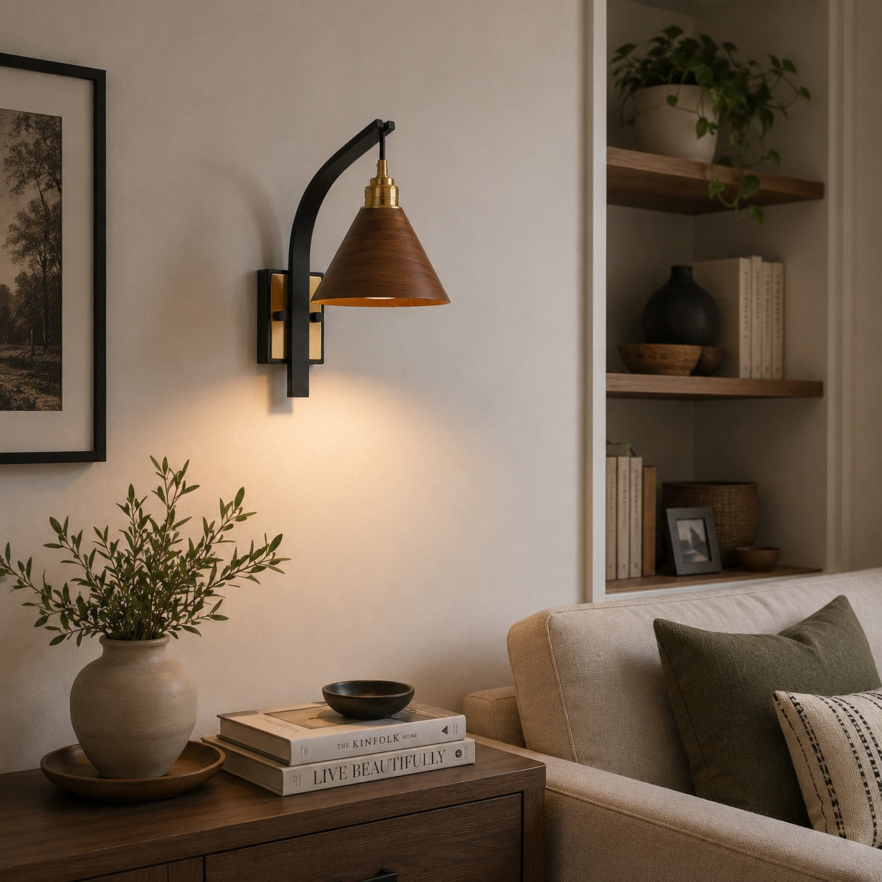 Scandinavian Modern Wall Light Wall Mounted Wooden Arm Brass Backplate LED Downlight | ribuella