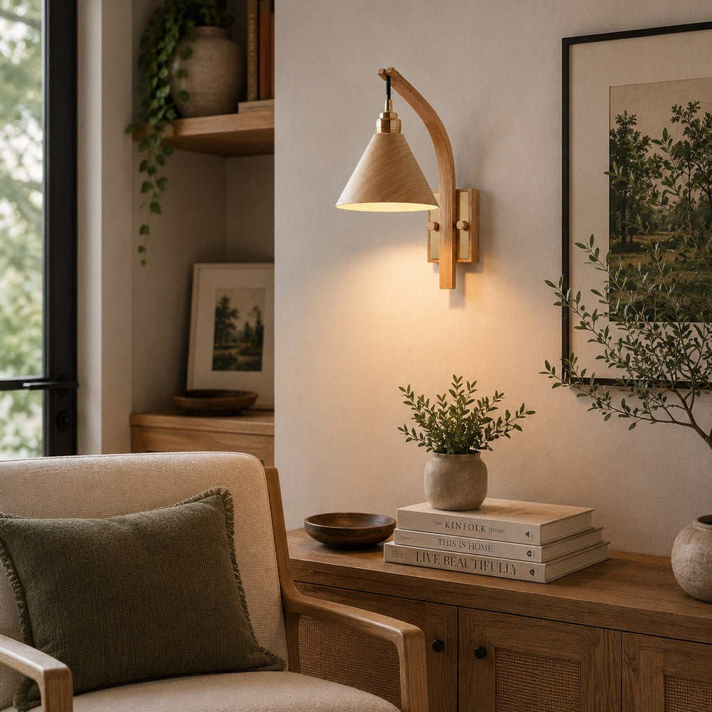 Scandinavian Modern Wall Light Wall Mounted Wooden Arm Brass Backplate LED Downlight | ribuella