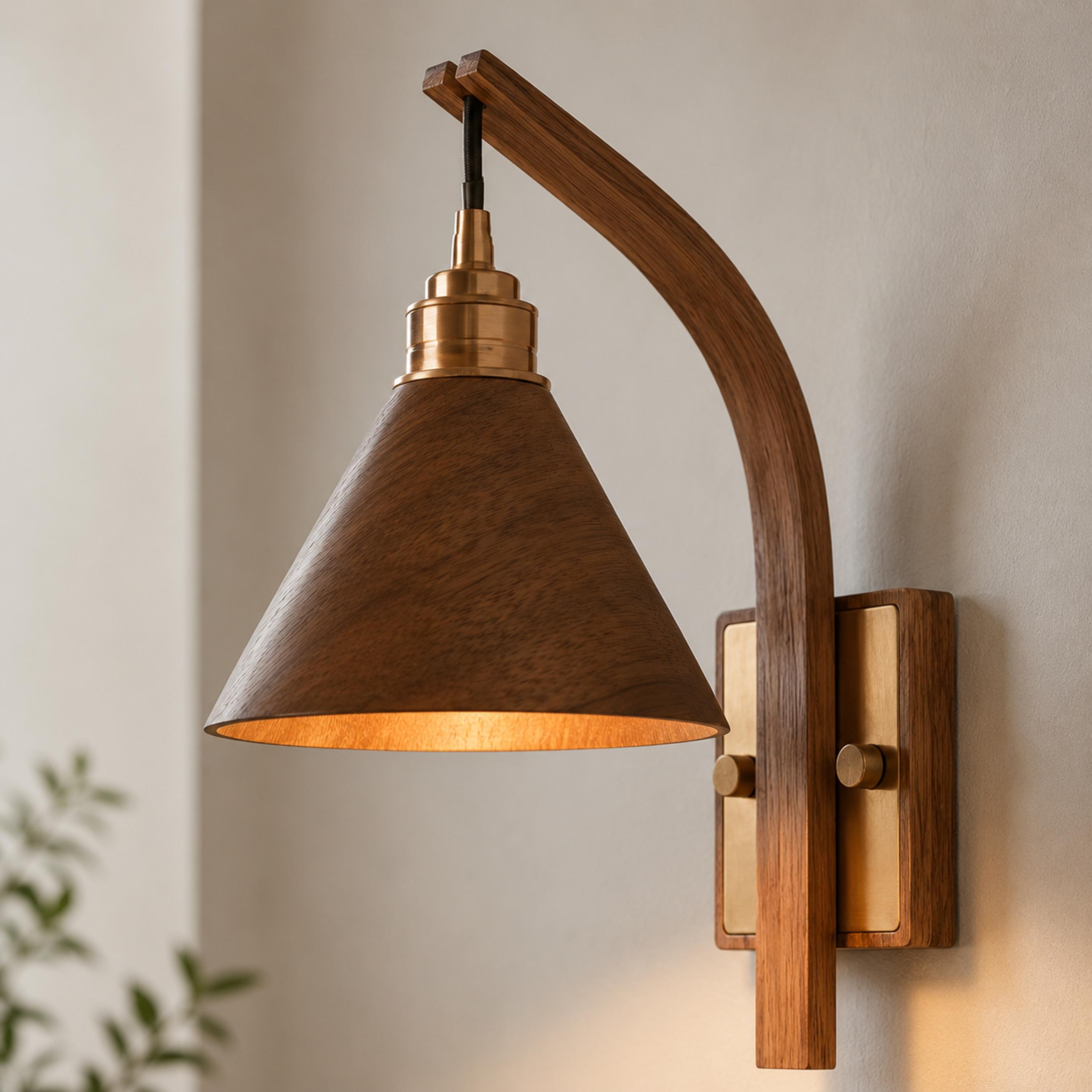 Scandinavian Modern Wall Light Wall Mounted Wooden Arm Brass Backplate LED Downlight | ribuella