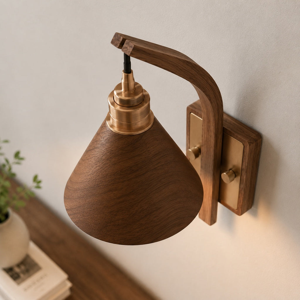 Scandinavian Modern Wall Light Wall Mounted Wooden Arm Brass Backplate LED Downlight | ribuella