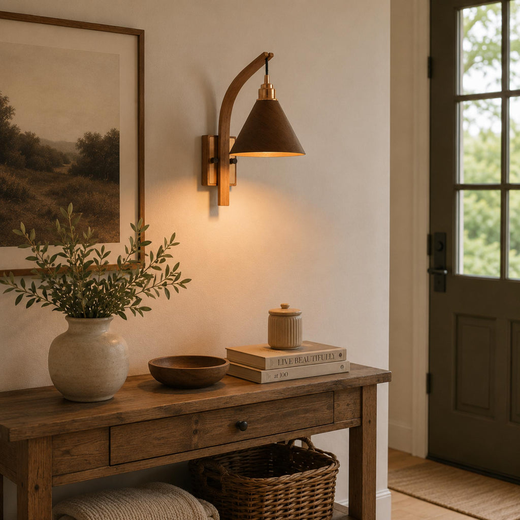 Scandinavian Modern Wall Light Wall Mounted Wooden Arm Brass Backplate LED Downlight | ribuella