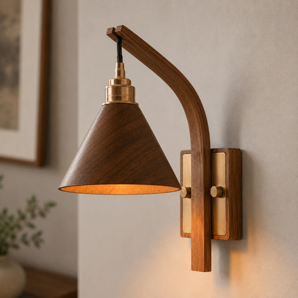 Scandinavian Modern Wall Light Wall Mounted Wooden Arm Brass Backplate LED Downlight | ribuella