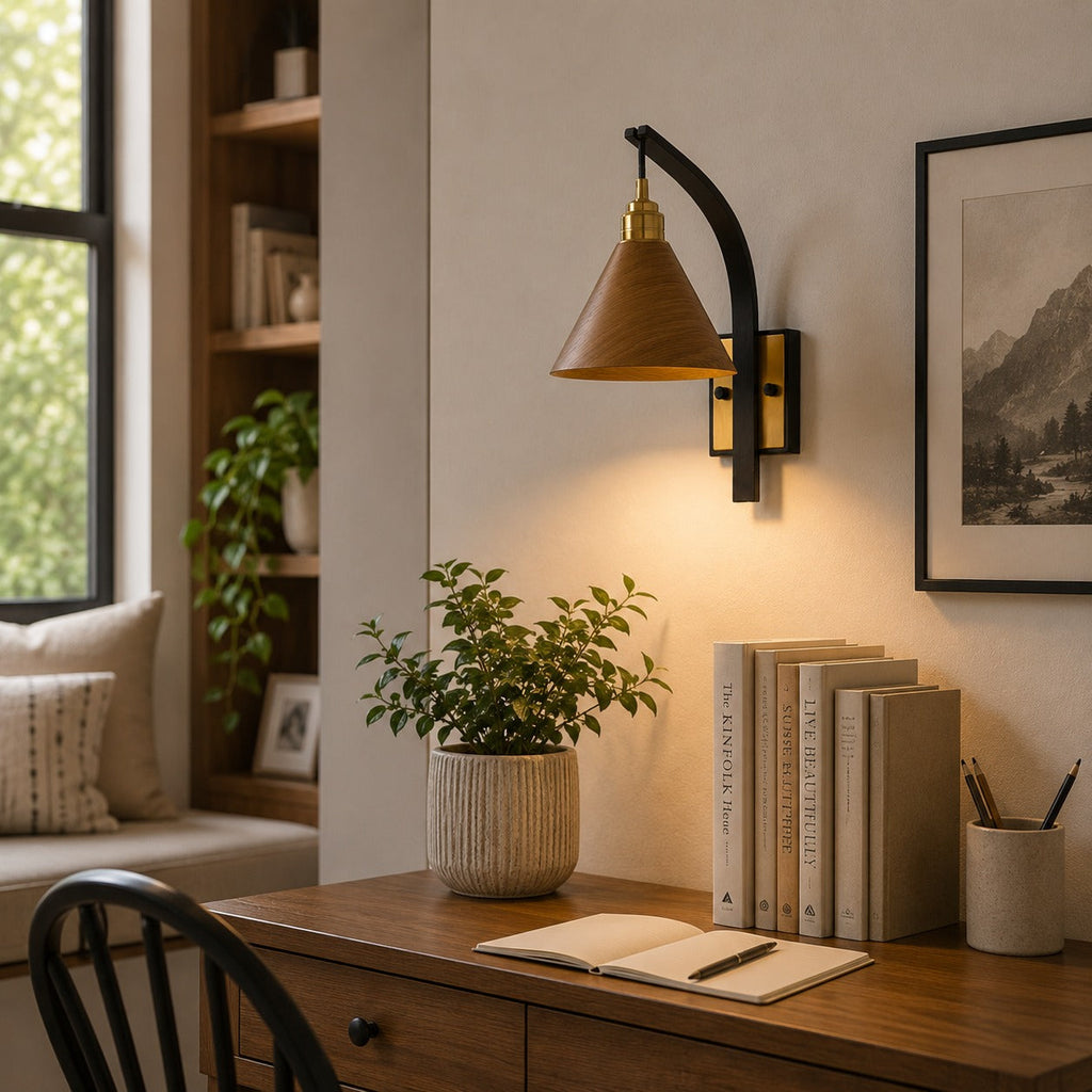 Scandinavian Modern Wall Light Wall Mounted Wooden Arm Brass Backplate LED Downlight | ribuella