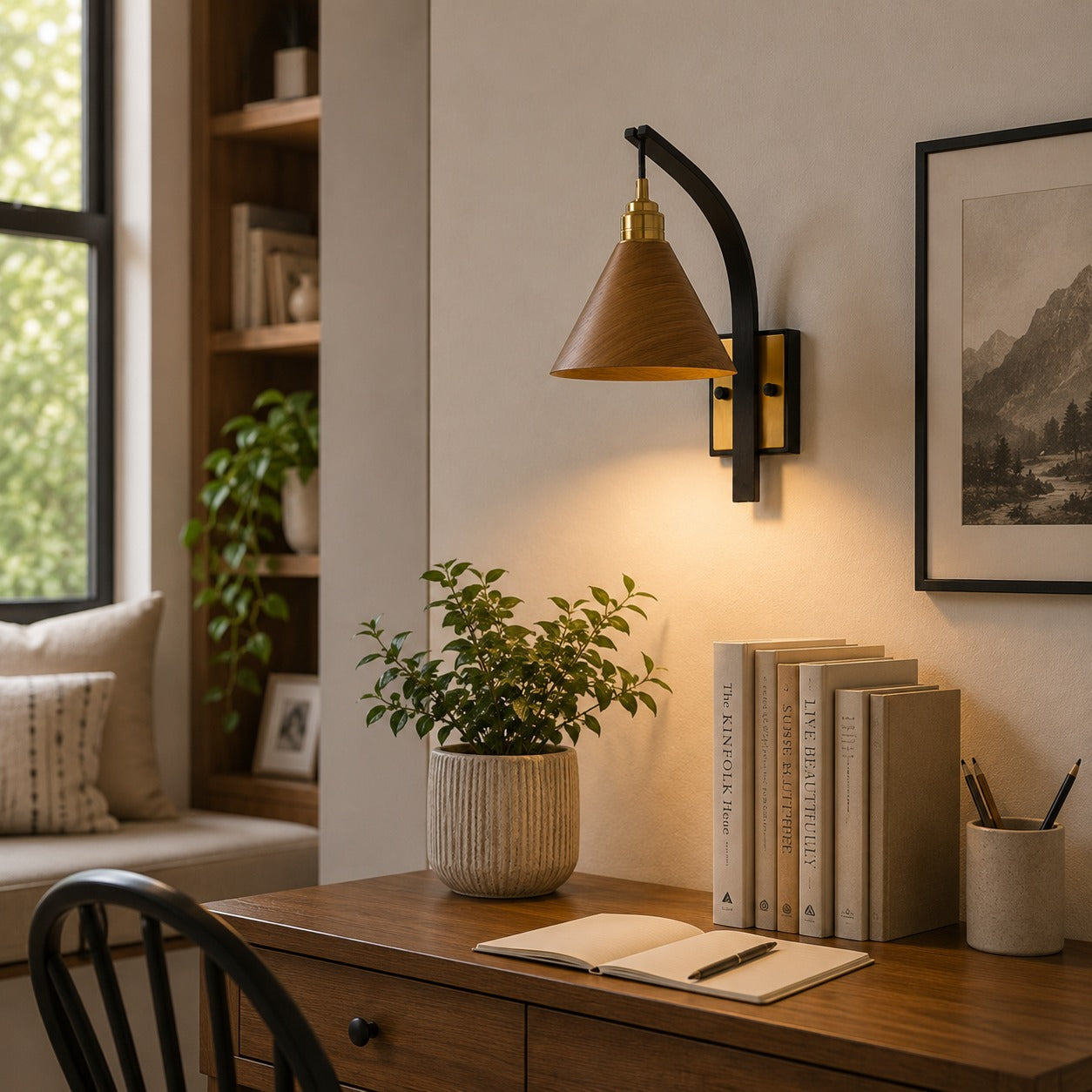 Scandinavian Modern Wall Light Wall Mounted Wooden Arm Brass Backplate LED Downlight | ribuella