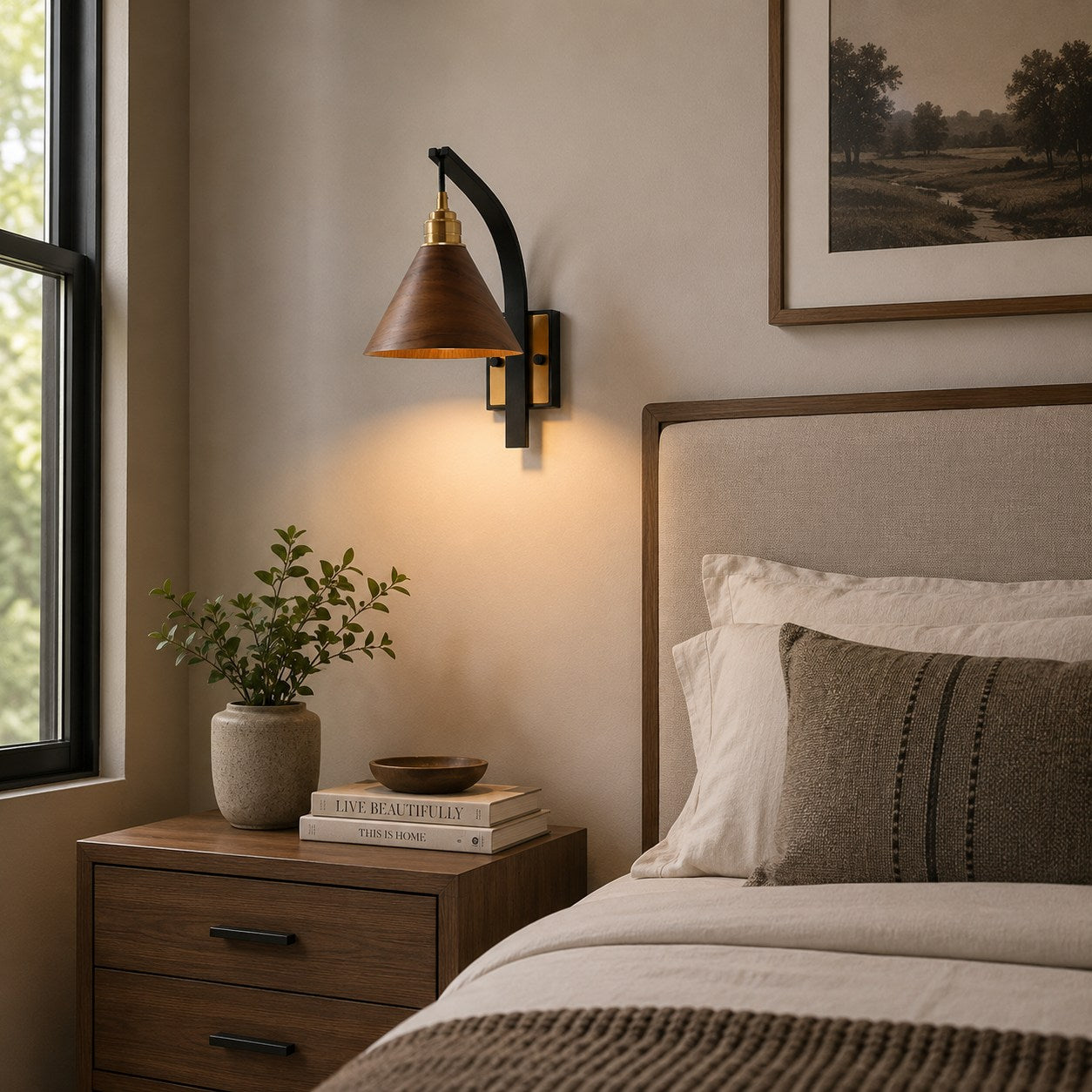 Scandinavian Modern Wall Light Wall Mounted Wooden Arm Brass Backplate LED Downlight | ribuella
