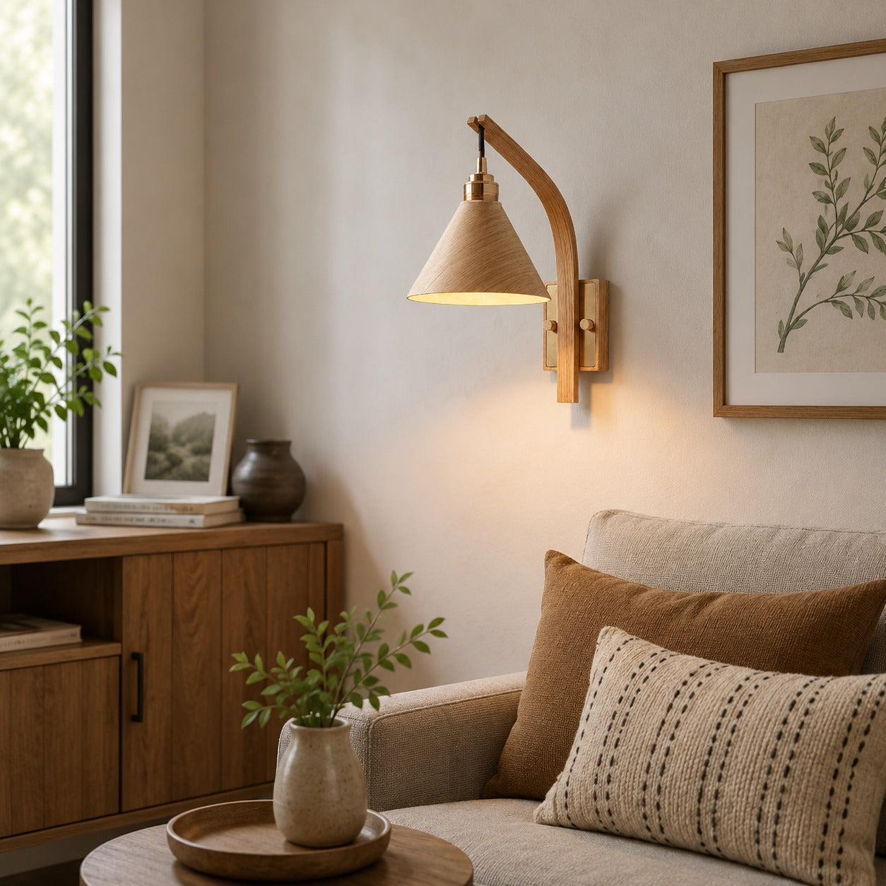 Scandinavian Modern Wall Light Wall Mounted Wooden Arm Brass Backplate LED Downlight | ribuella