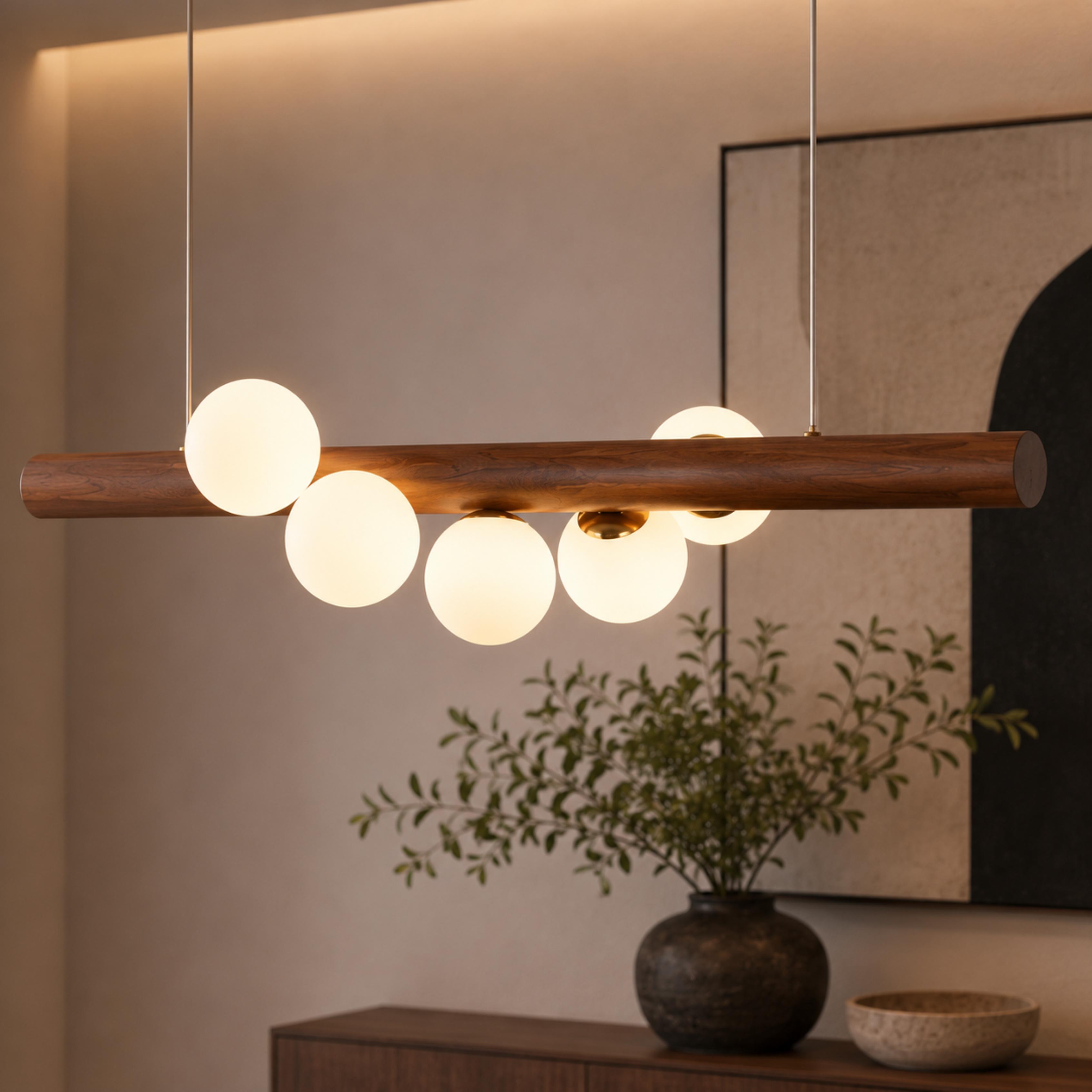 Lámpara colgante escandinava con globos de vidrio opalino y barra de madera de nogal para interiores modernos | ribuella