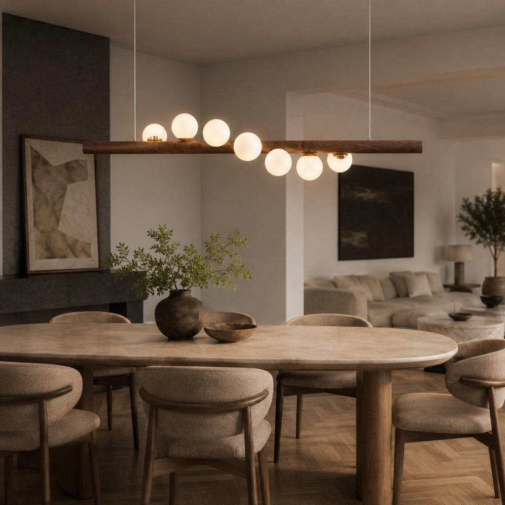 Lámpara colgante escandinava con globos de vidrio opalino y barra de madera de nogal para interiores modernos | ribuella