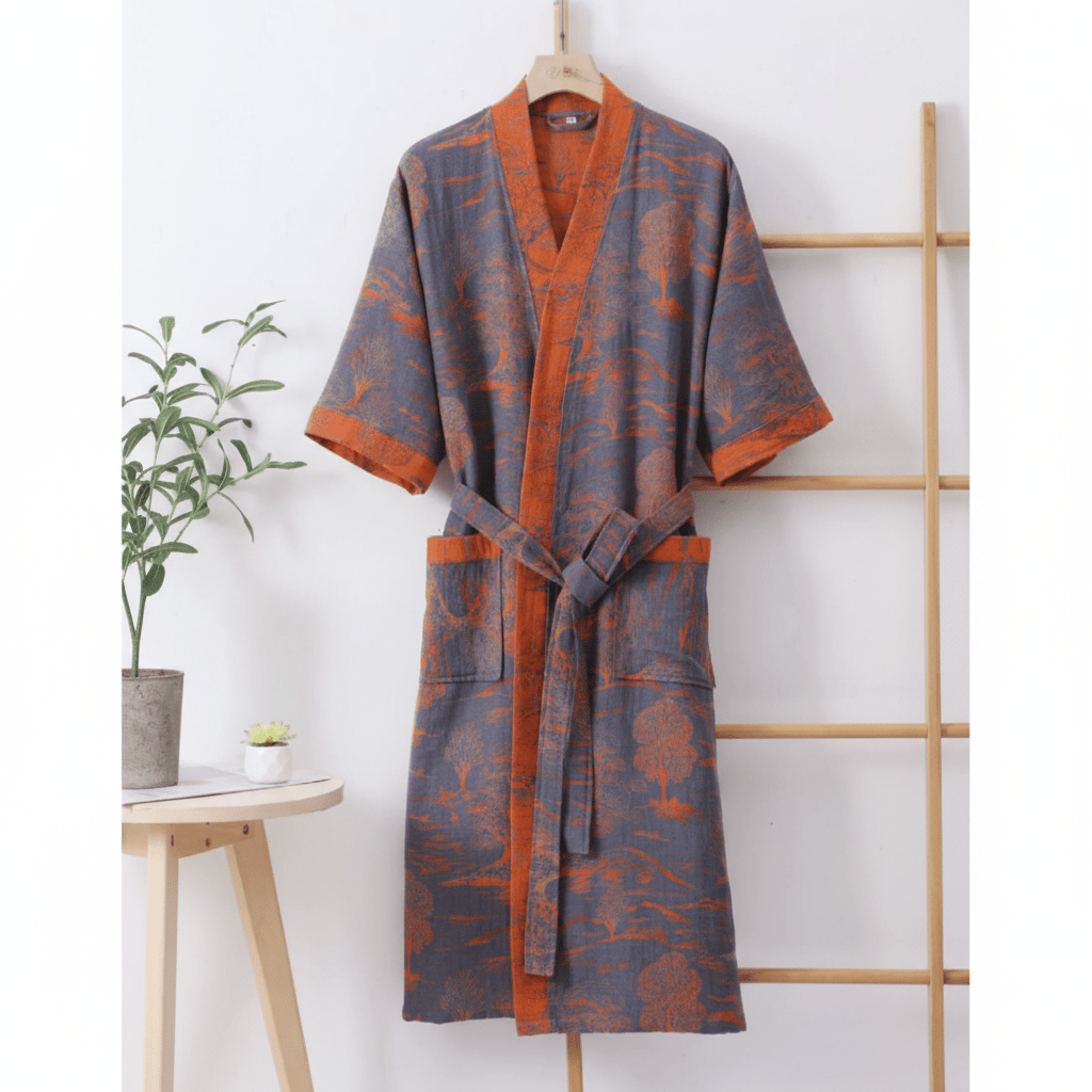 KomiLeaf Organic Cotton Reversible Kimono Bathrobe, Wide Sleeves