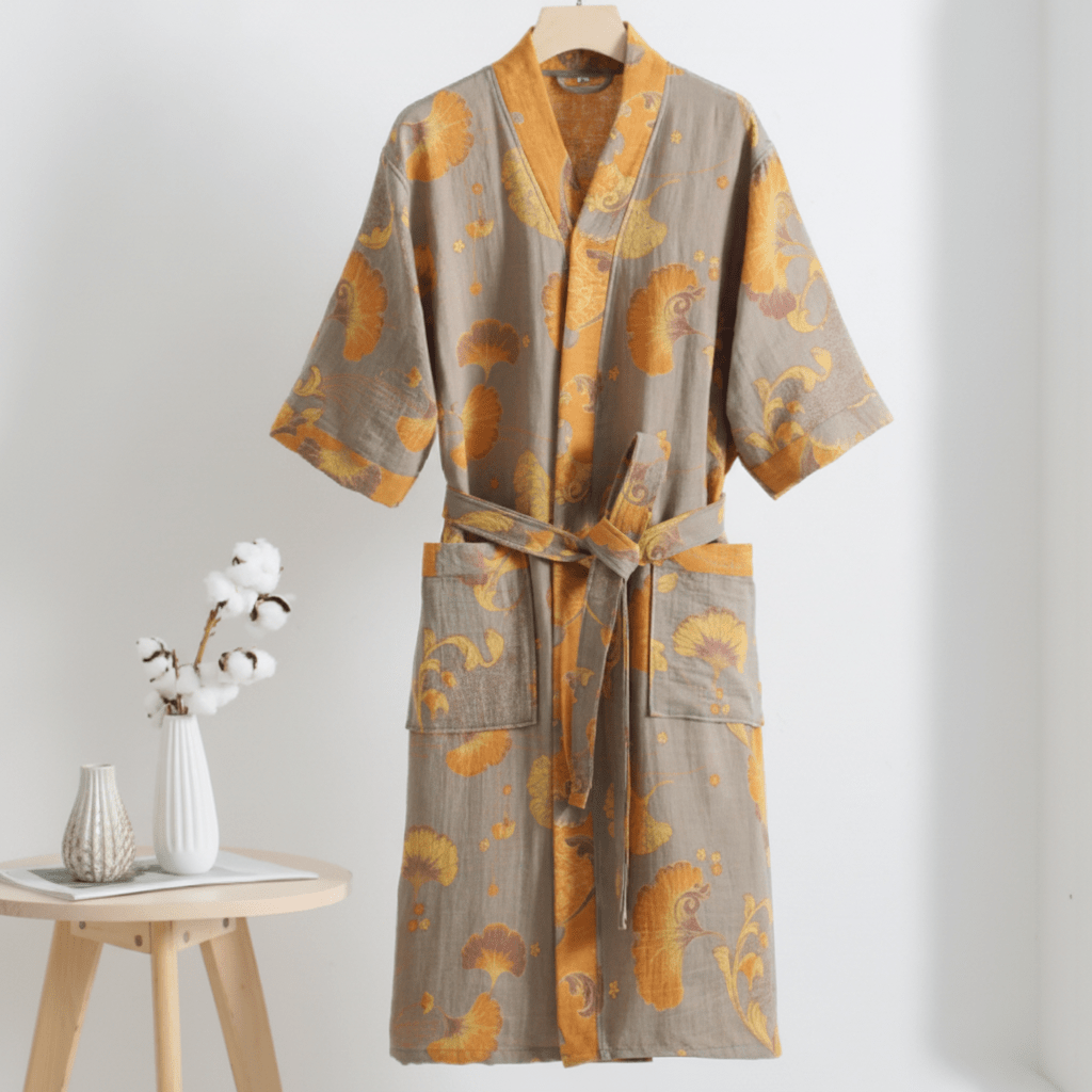 KomiLeaf Organic Cotton Reversible Kimono Bathrobe, Wide Sleeves