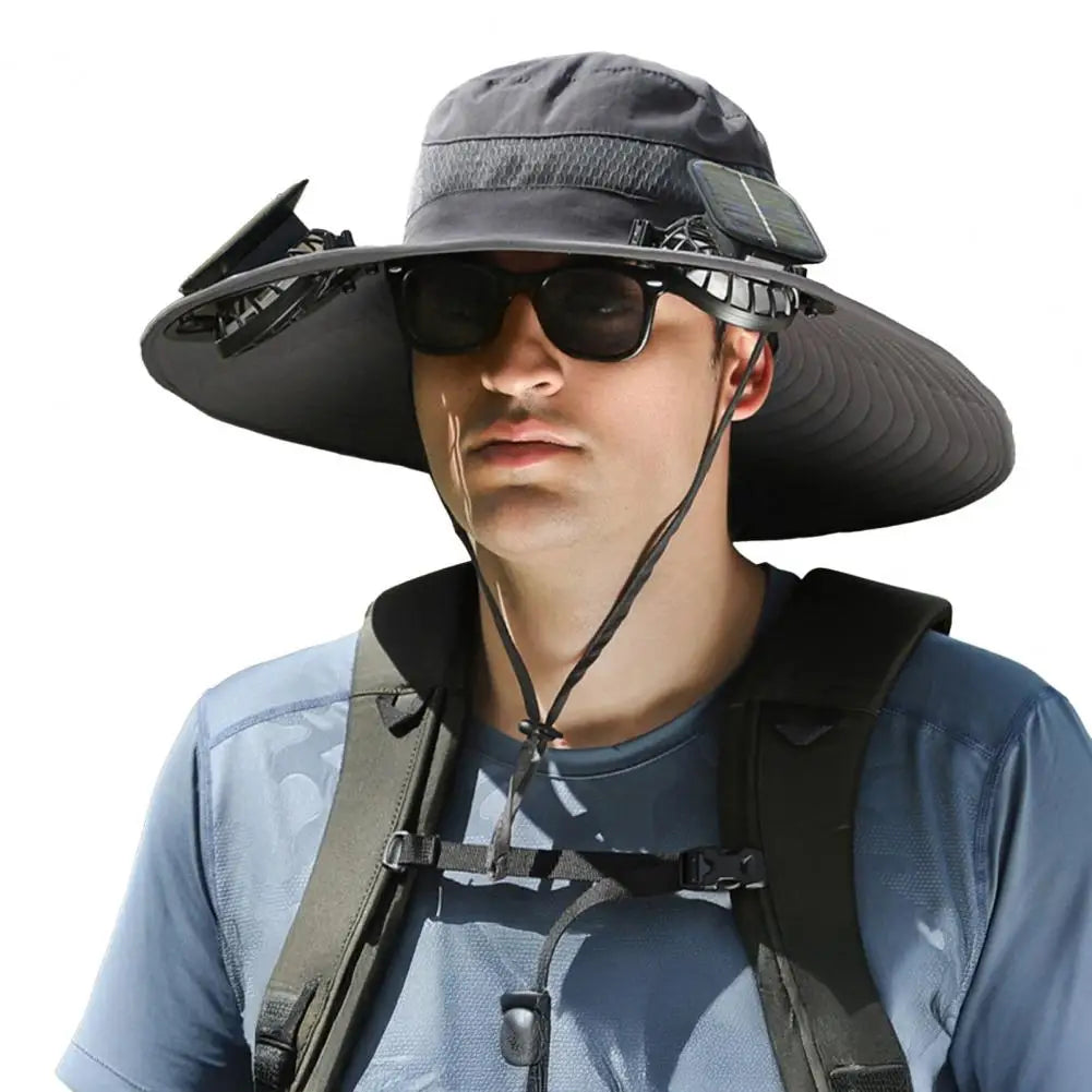 Chapeau solaire à larges bords avec deux ventilateurs de refroidissement, ventilation de l'air au niveau du front et du cou