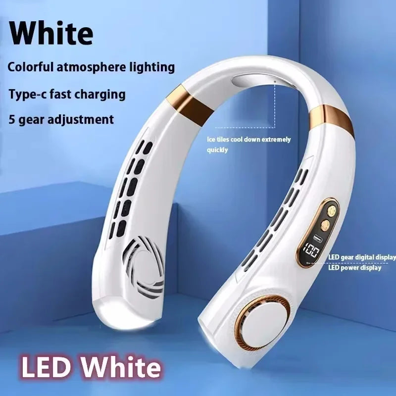 Rechargeable USB Neck Fan 8000mAh LED Display Hands-Free Design