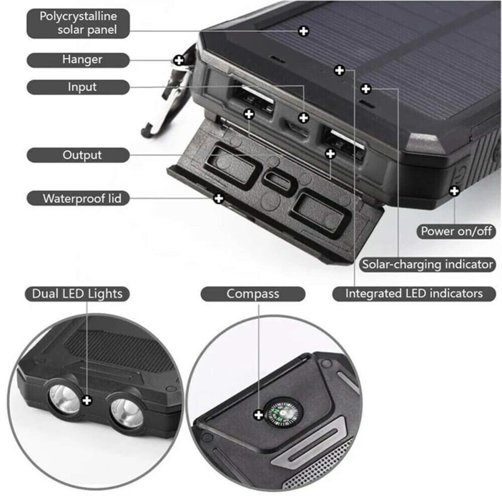 Power bank solare da 20000mAh ad alta capacità, caricabatterie portatile con doppia porta USB