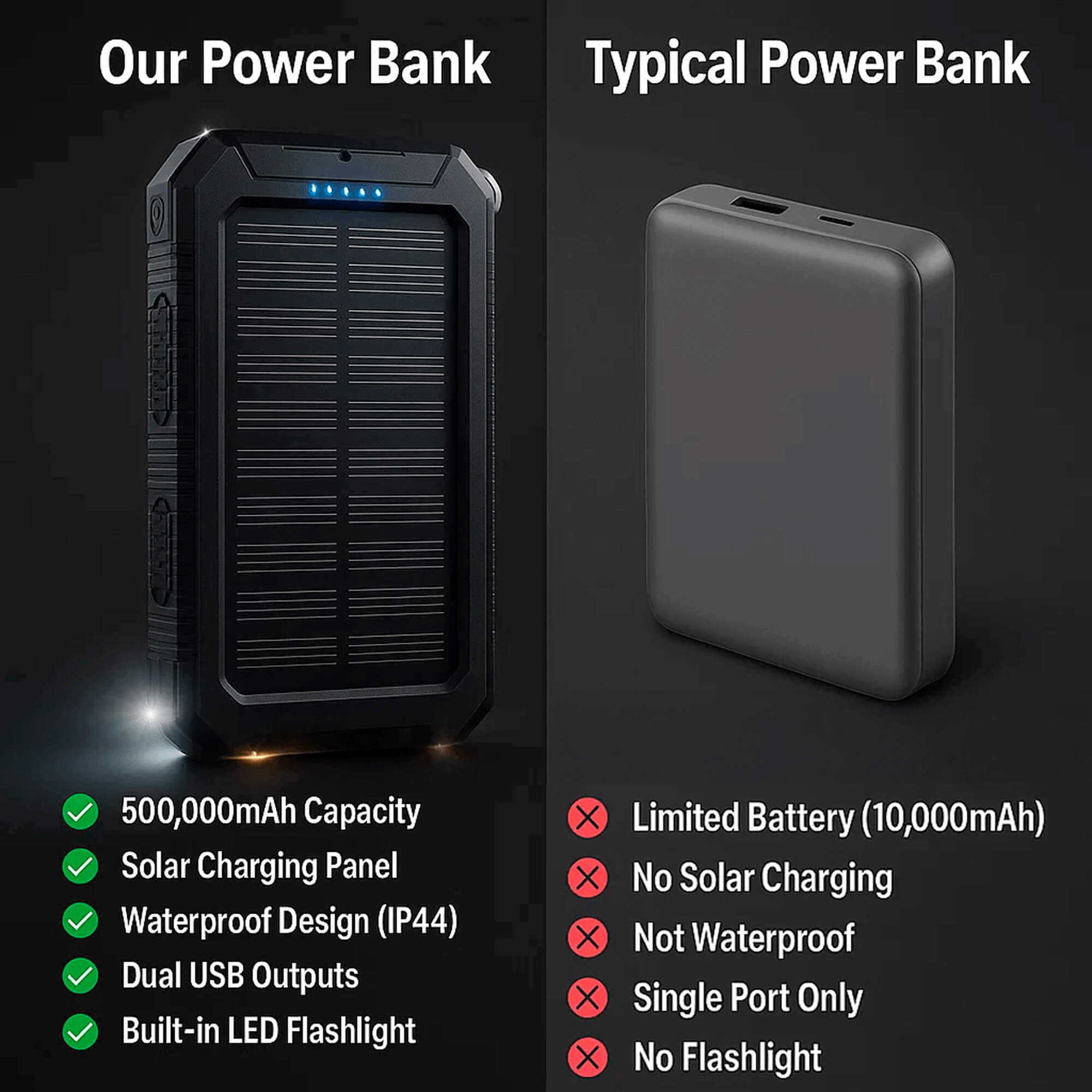 Power bank solare da 20000mAh ad alta capacità, caricabatterie portatile con doppia porta USB