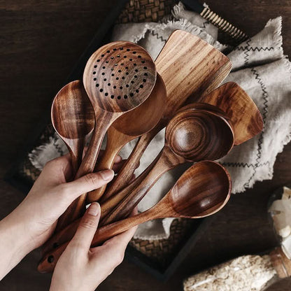 Teak Wood Kitchen Utensil Set for Natural Cooking – Spatula & Serving Spoons | ribuella
