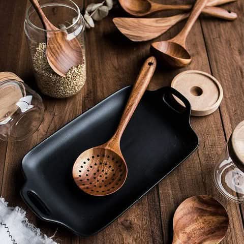 Teak Wood Kitchen Utensil Set for Natural Cooking – Spatula & Serving Spoons | ribuella