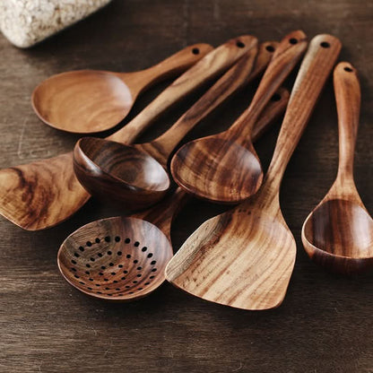 Teak Wood Kitchen Utensil Set for Natural Cooking – Spatula & Serving Spoons | ribuella