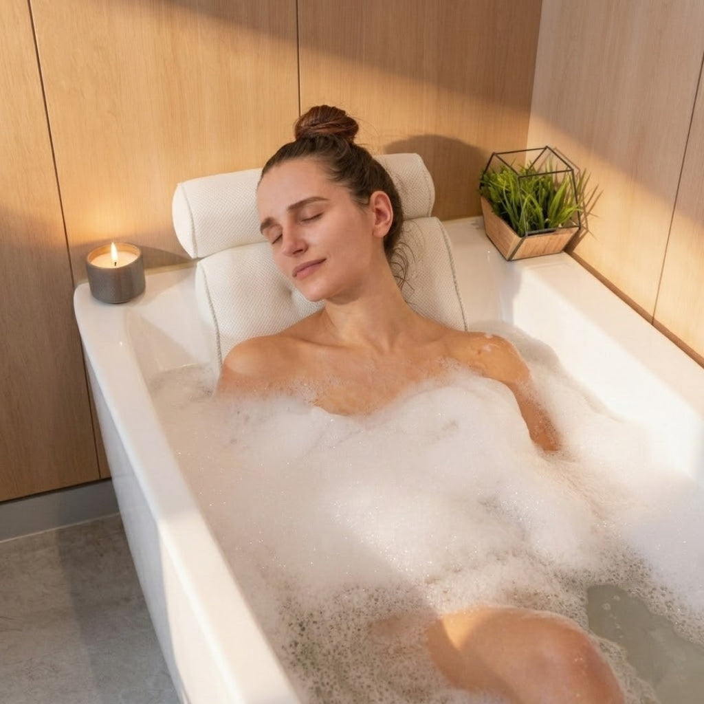 Ergonomic Bath Pillow with Suction Cups Made of Durable 3D Mesh for Comfortable Soaking and Neck Support | ribuella