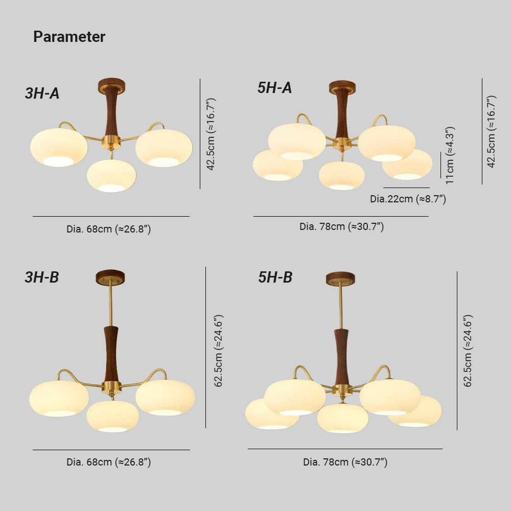 Candy Brass Wooden Glass Persimmon Chandelier, Three Frosted Globes