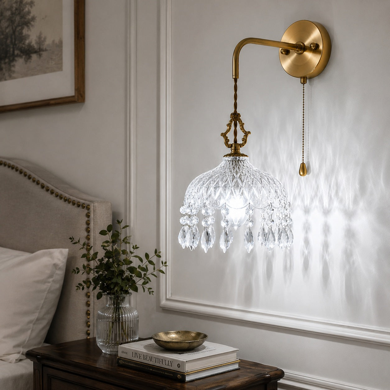 Nástěnné svítidlo v retro stylu s měděnou konstrukcí a propracovaným skleněným designem, LED 90–260 V | ribuella