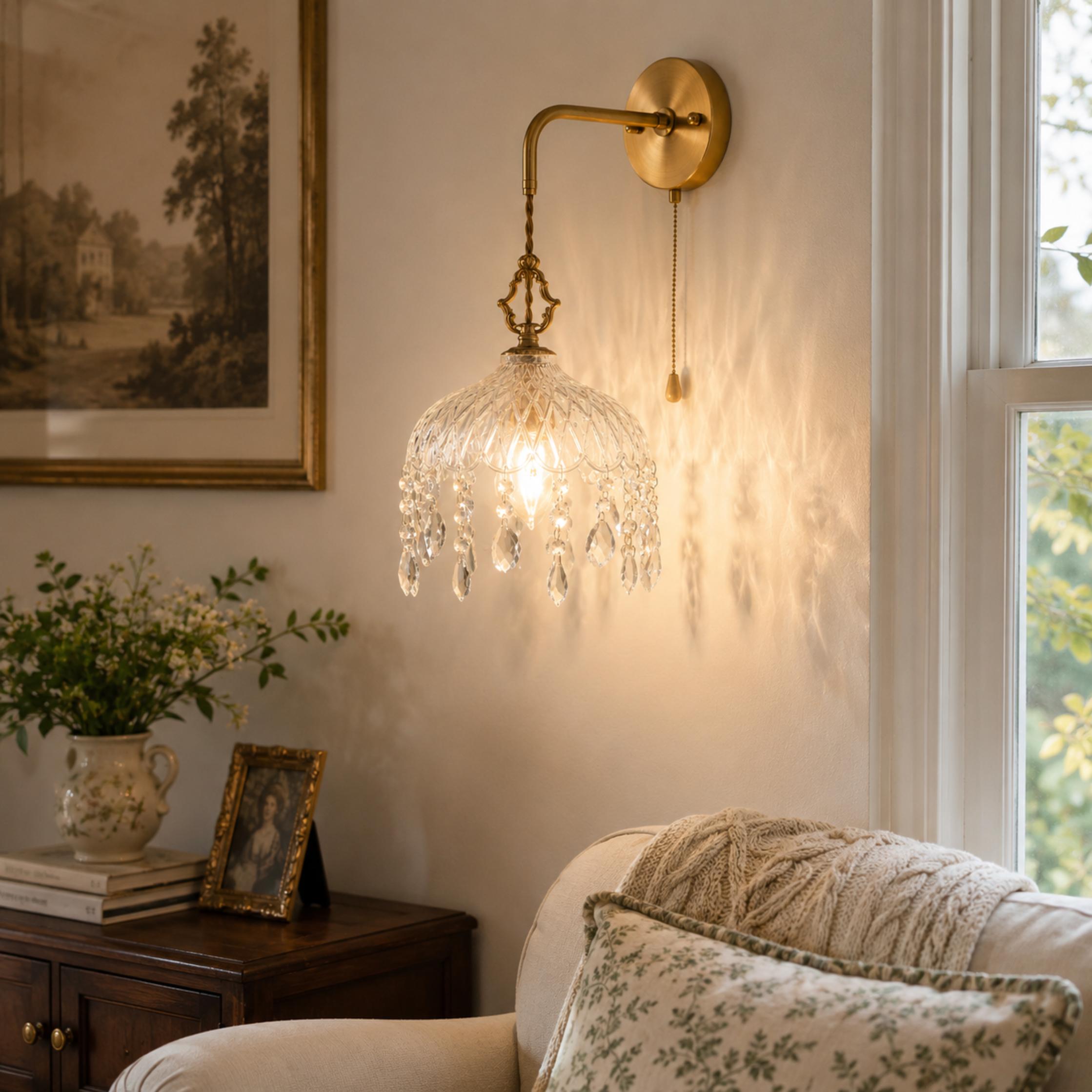Nástěnné svítidlo v retro stylu s měděnou konstrukcí a propracovaným skleněným designem, LED 90–260 V | ribuella